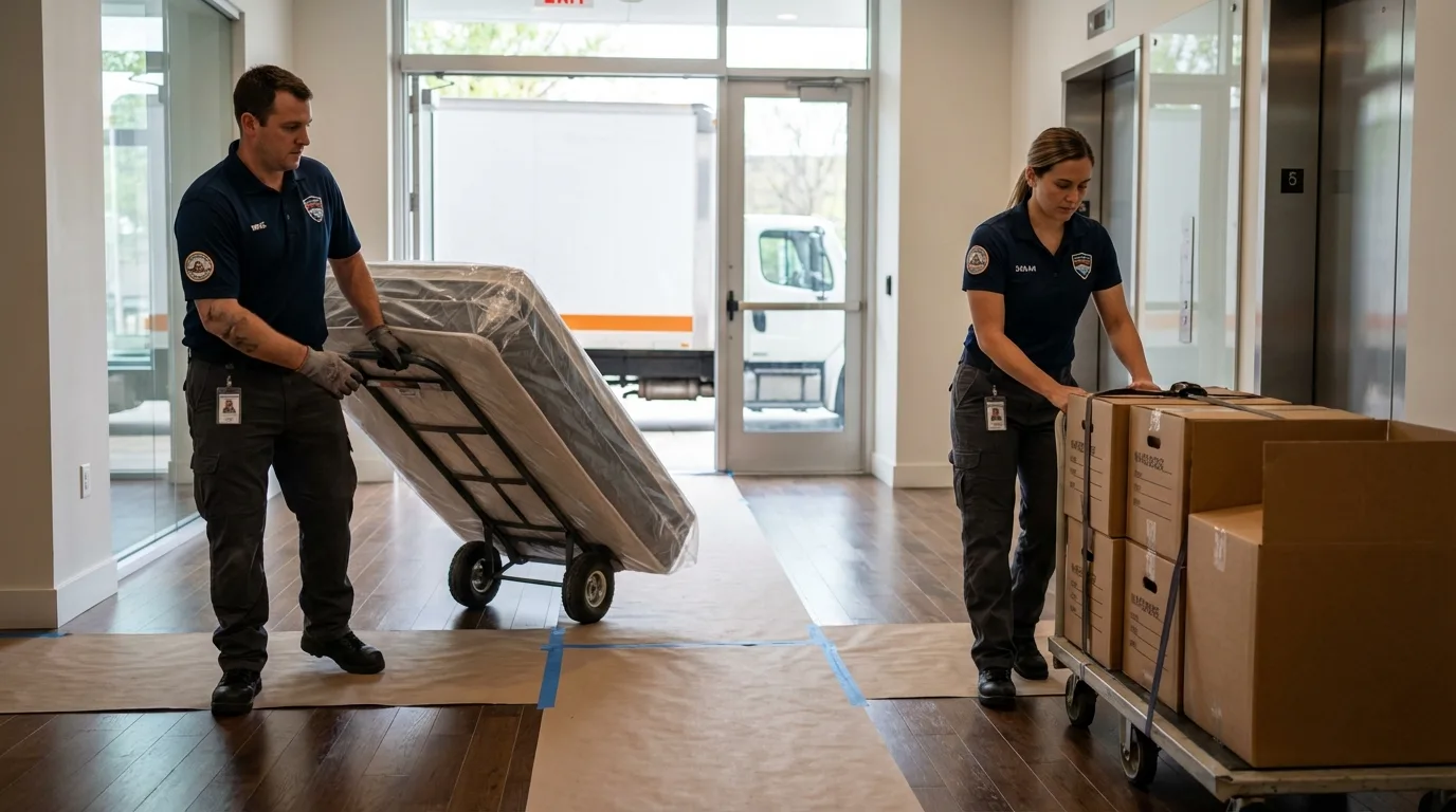 Professional apartment movers loading elevator in Lenox, IA