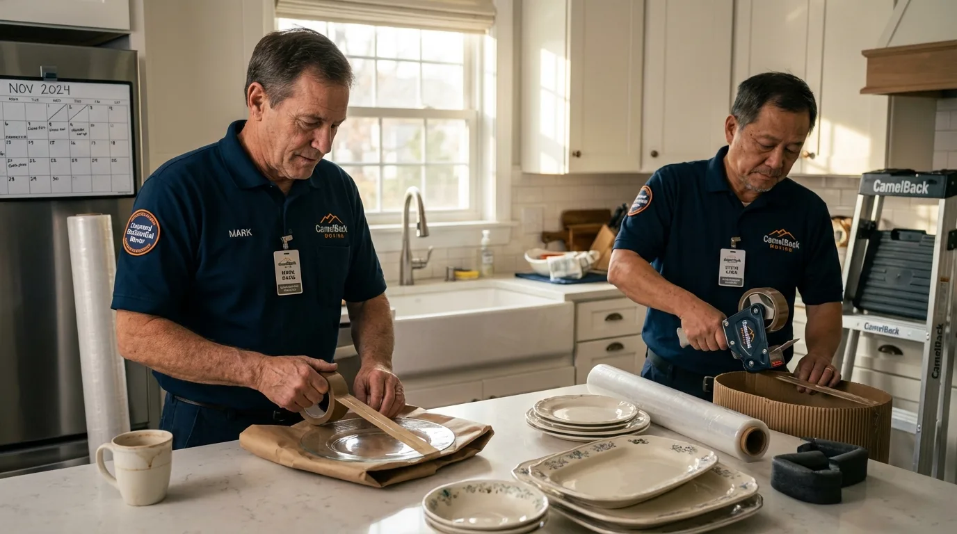 Professional crew packing kitchen dishware in Lenox, IA